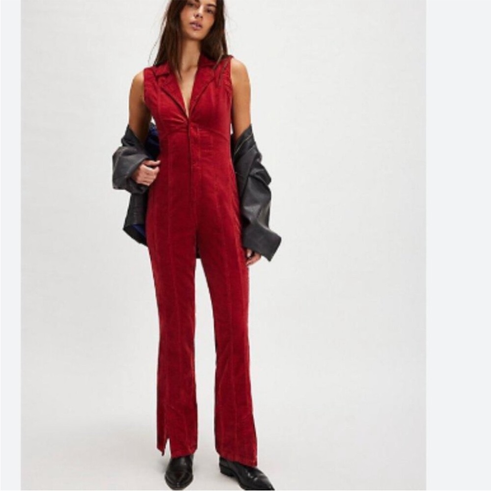 Free People Ring The Alarm Corduroy Jumpsuit Short Sleeve Women Large Red New